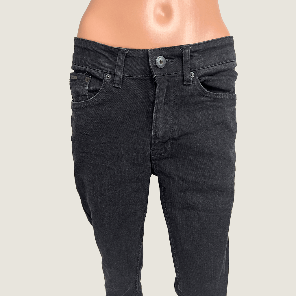 Front close up view of the waist on the Black Denim Jeans