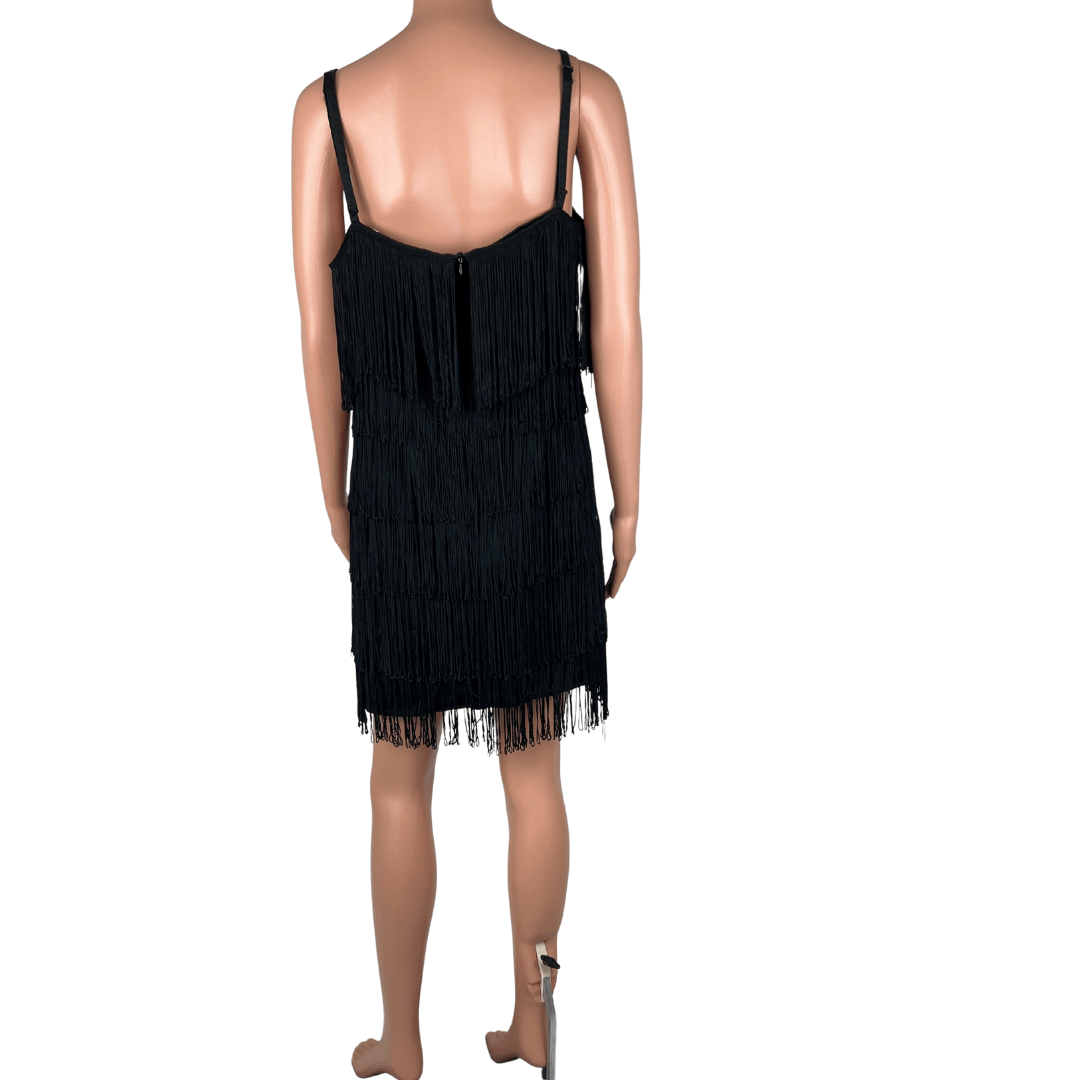 Back view of the Spicysugar Black Fringe Flapper Midi Dress