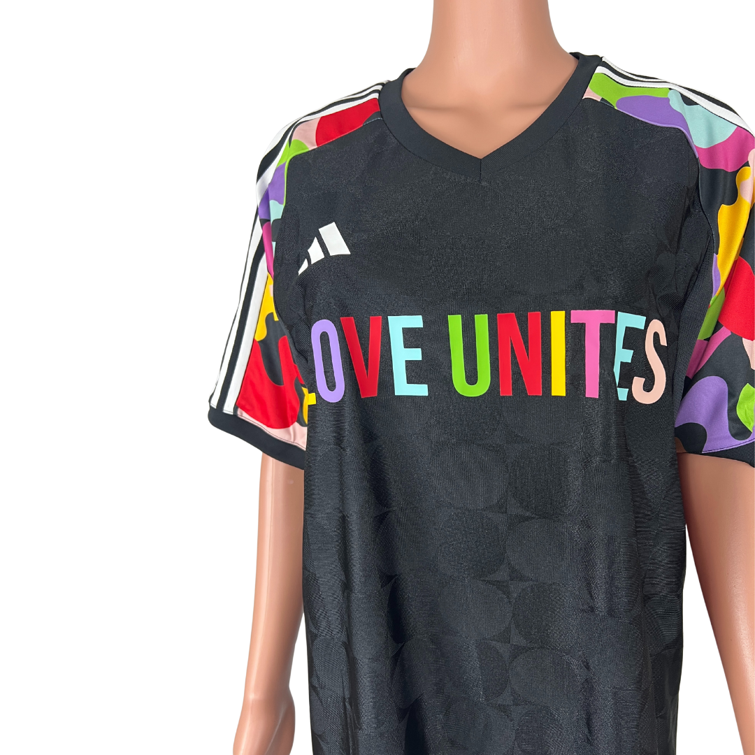 Front detail view of the Adidas Men's Love Unites Tiro Jersey
