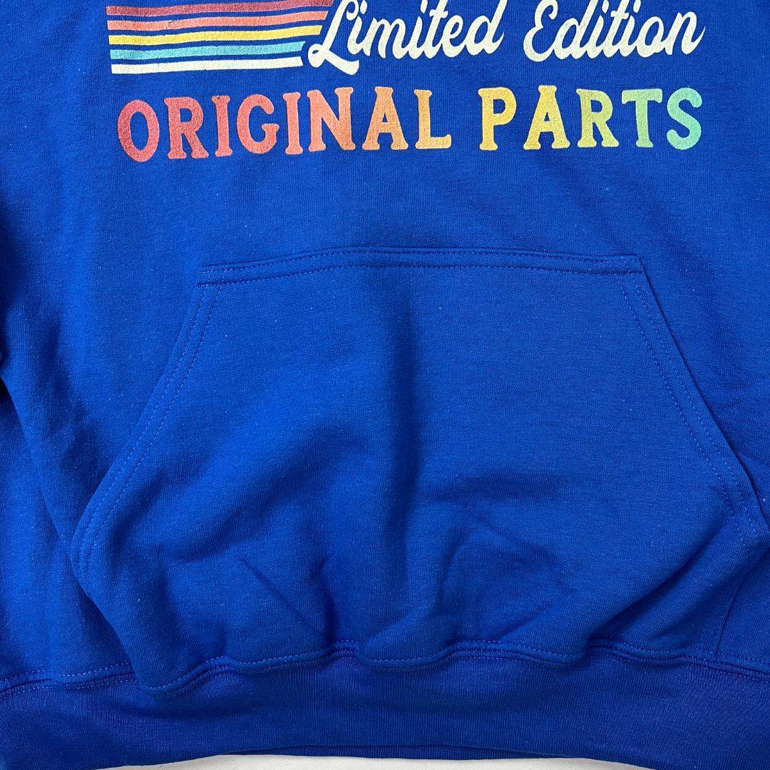 Front pocket view of the men's Gildan Vintage 70's Hoodie