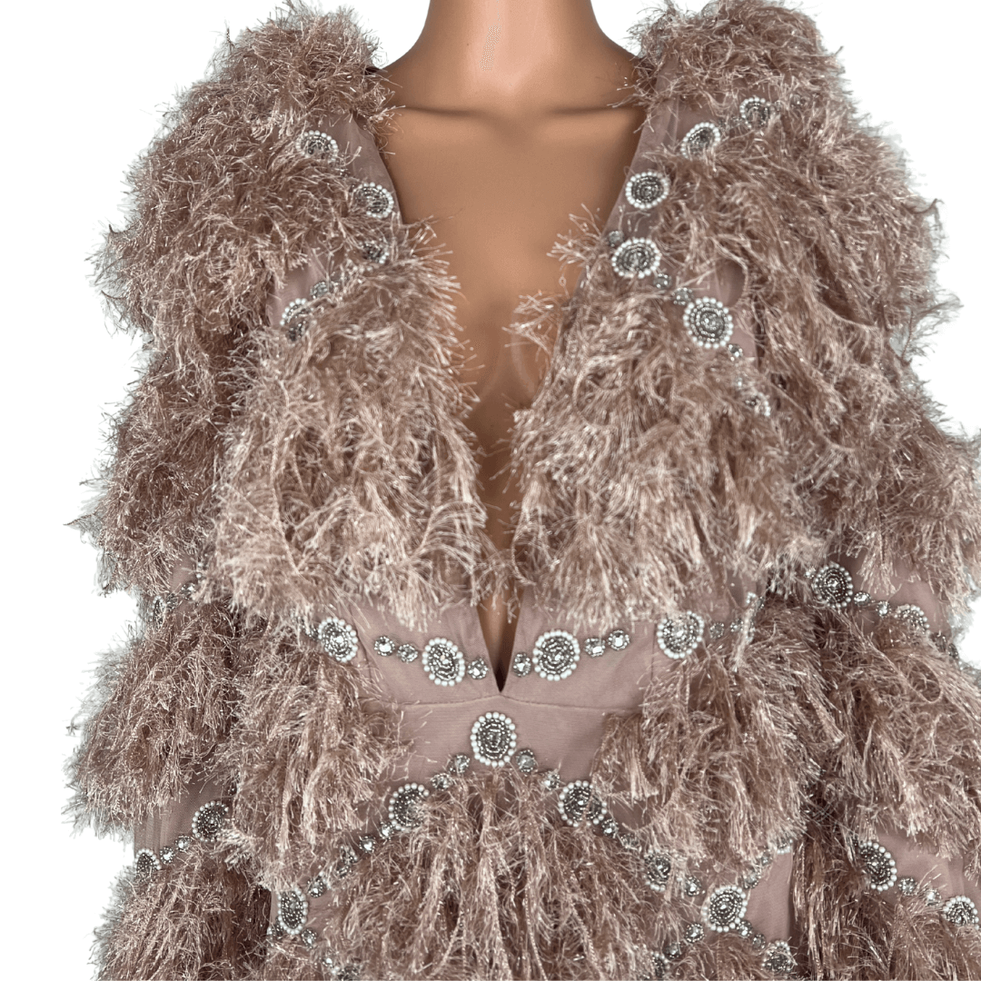 Front detail view of the ASOS Faux Feather Embellished Detail Pink Mini Dress