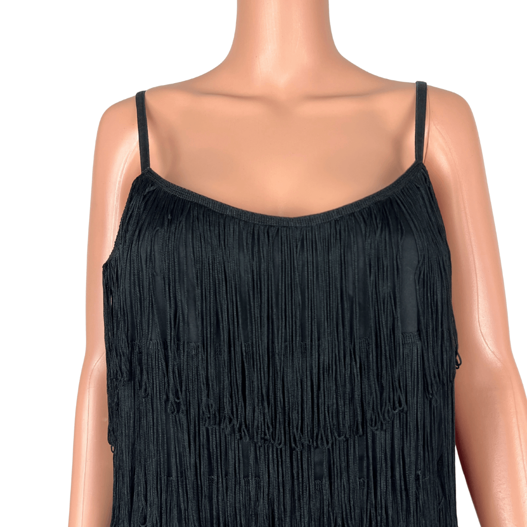 Front detail view of the Spicysugar Black Fringe Flapper Midi Dress