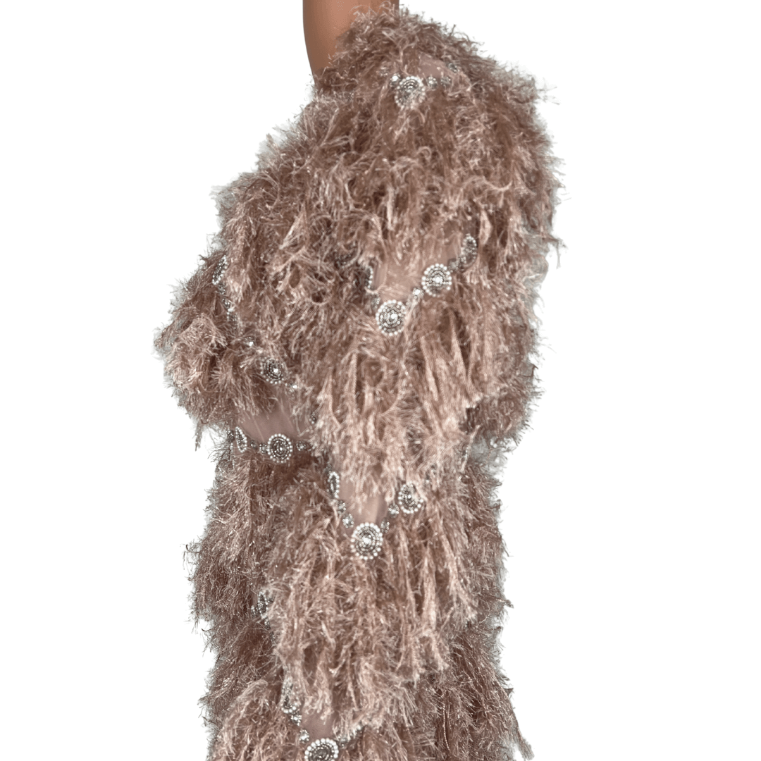 Side detail view of the ASOS Faux Feather Embellished Detail Pink Mini Dress