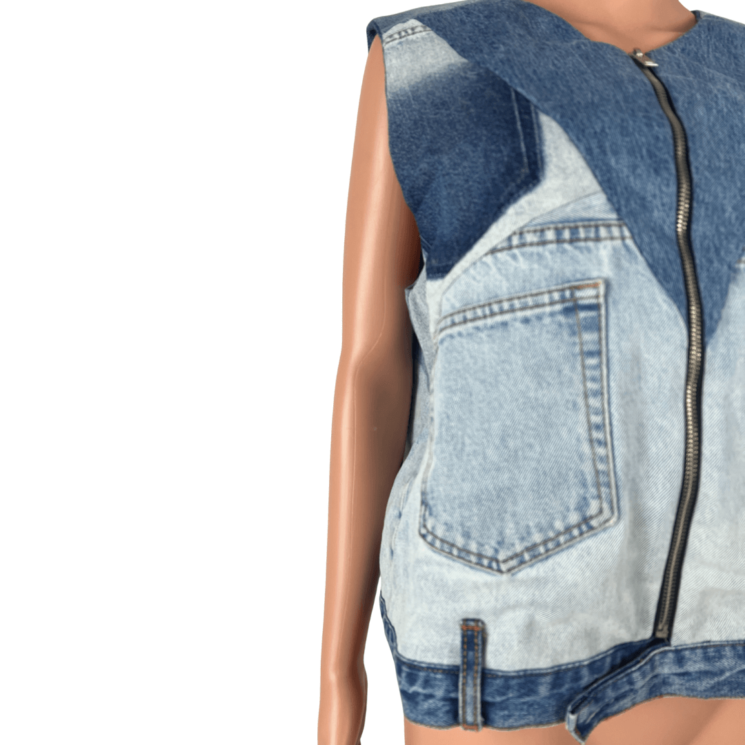 Front detail view of the Denim Upcycled Vest