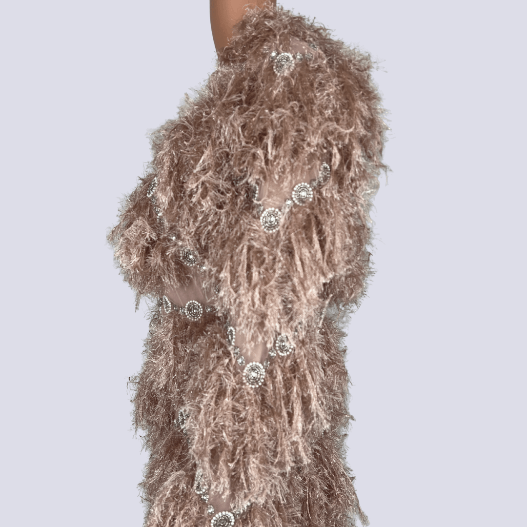 Side detail view of the ASOS faux feather dress