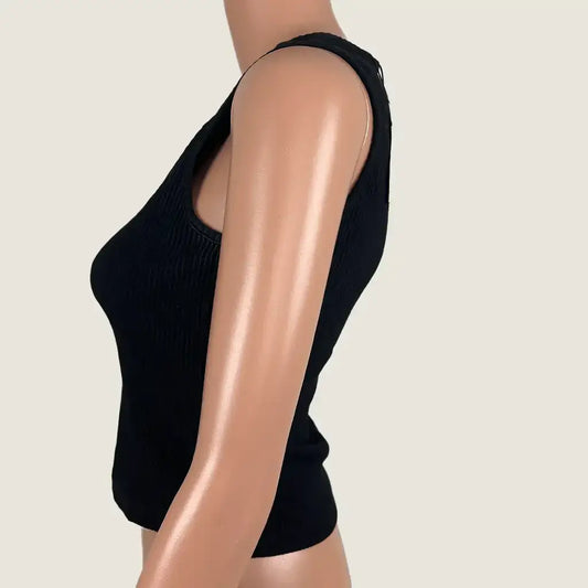 Side View of the A&H Black Serena Button Front Tank