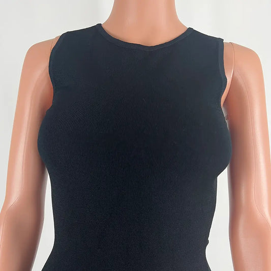 Front Detail View of the Aere Sheer Hem Knit Midi Dress