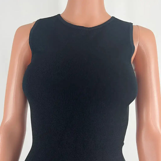 Front Detail View of the Aere Sheer Hem Knit Midi Dress