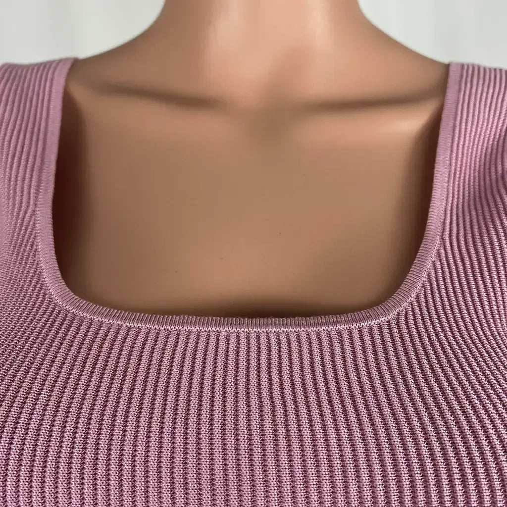 Front Collar View of the Aere Square Neck Soft Rib Pink Tank