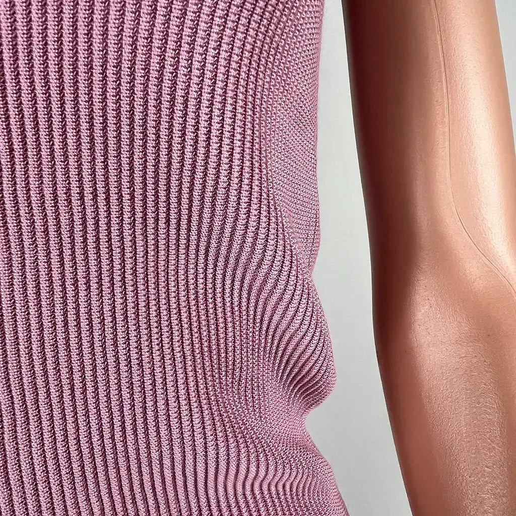 Side Detail View of the Aere Square Neck Soft Rib Pink Tank