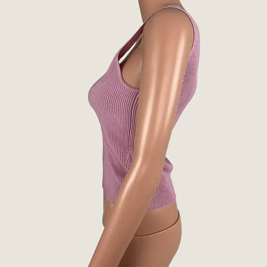 Side View of the Aere Square Neck Soft Rib Pink Tank