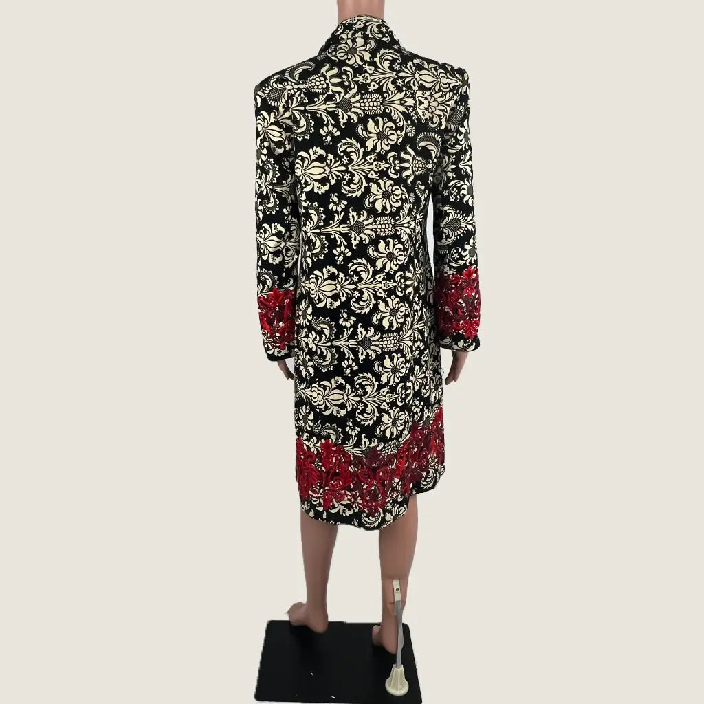 Back View of the Andiamo Midi Black and Cream Brocade Coat