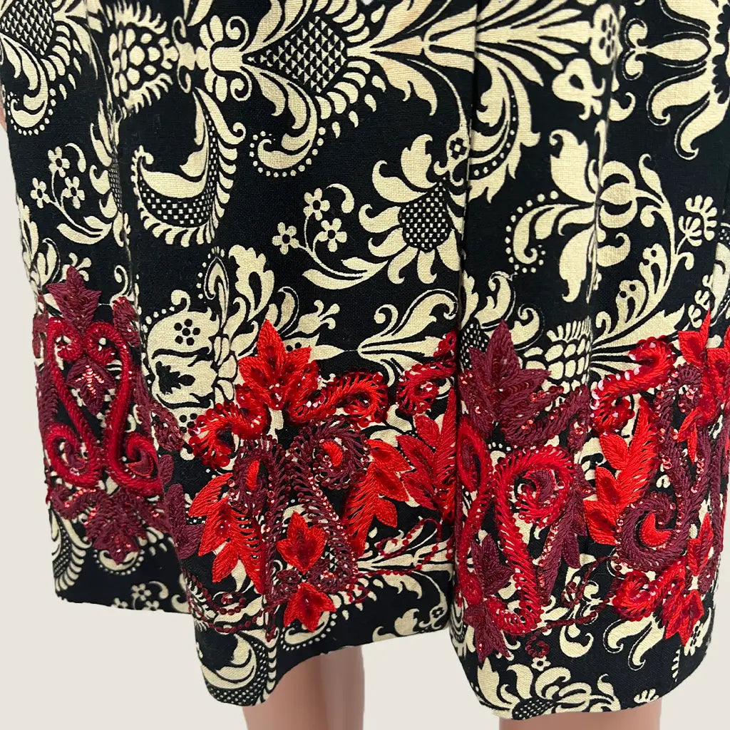 Front Hem Detail View of the Andiamo Midi Black and Cream Brocade Coat