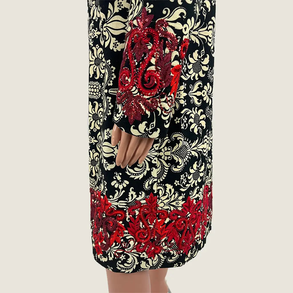 Side Detail View of the Andiamo Midi Black and Cream Brocade Coat