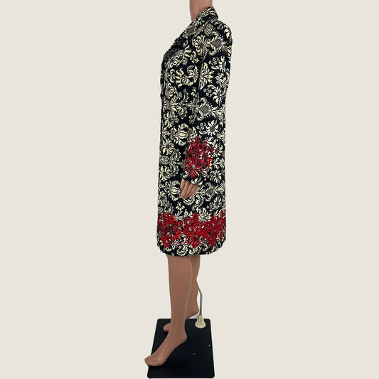 Side View of the Andiamo Midi Black and Cream Brocade Coat