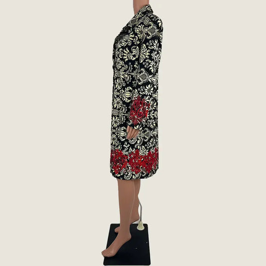 Side View of the Andiamo Midi Black and Cream Brocade Coat