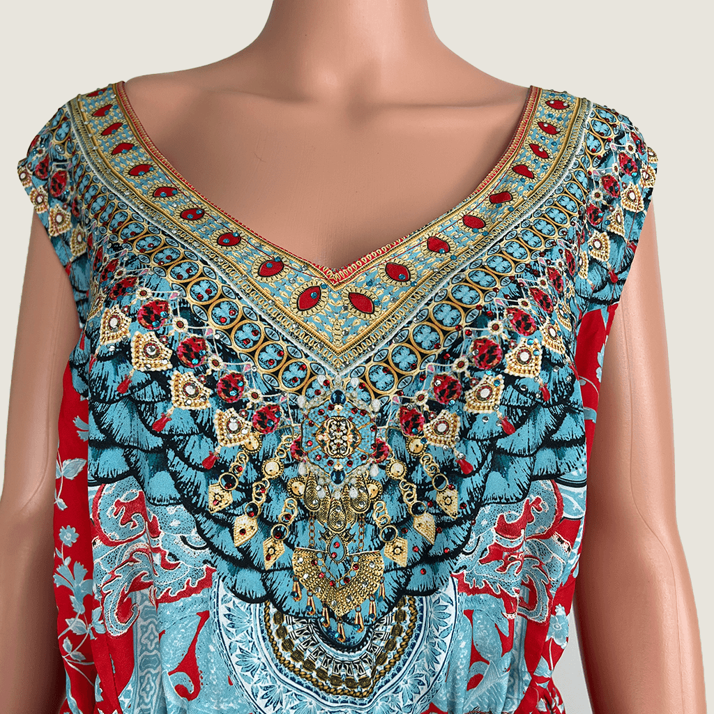 Front close up view of colourful slip dress by Autograph