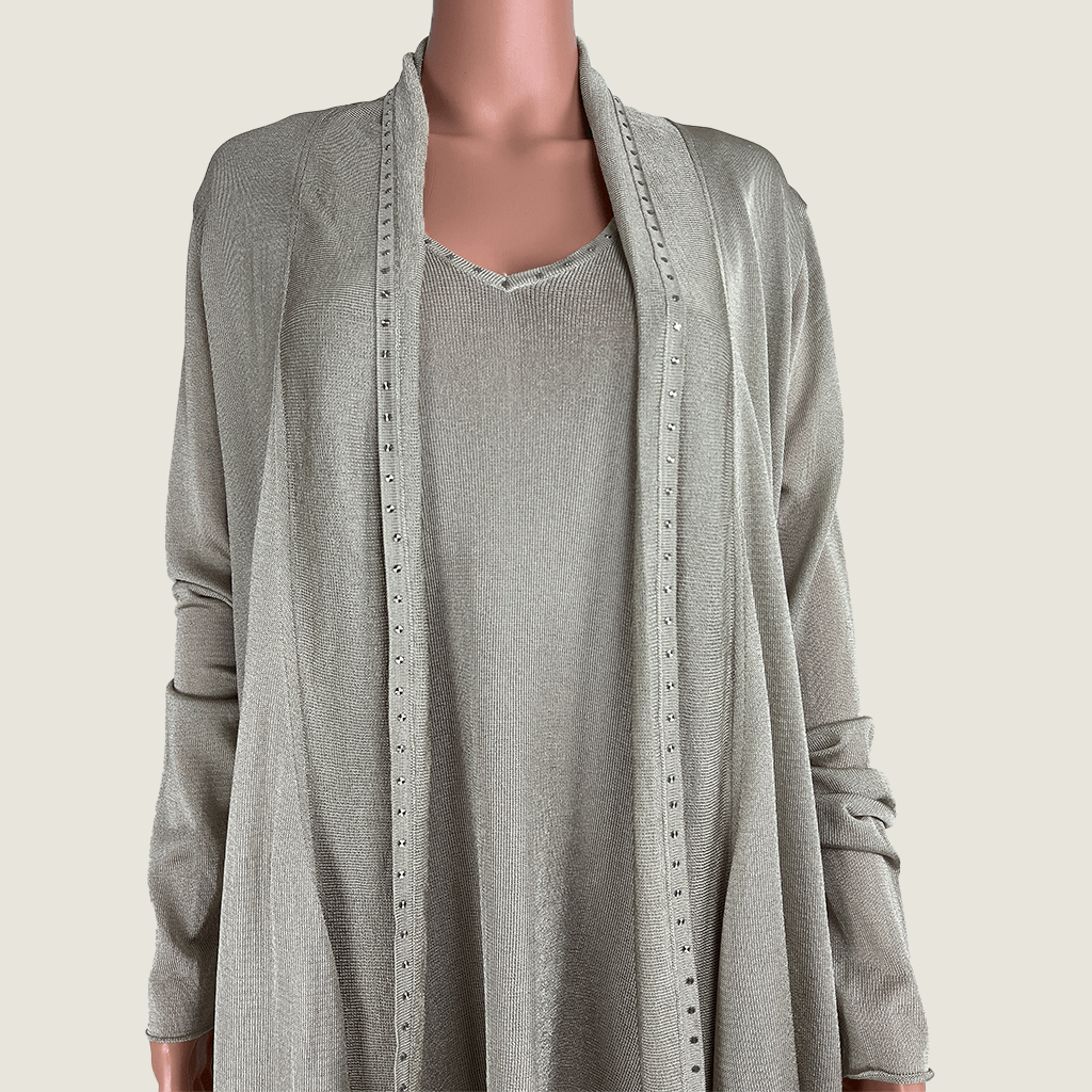 Front close up view Avantgarde Knit Cami And Cardigan Set
