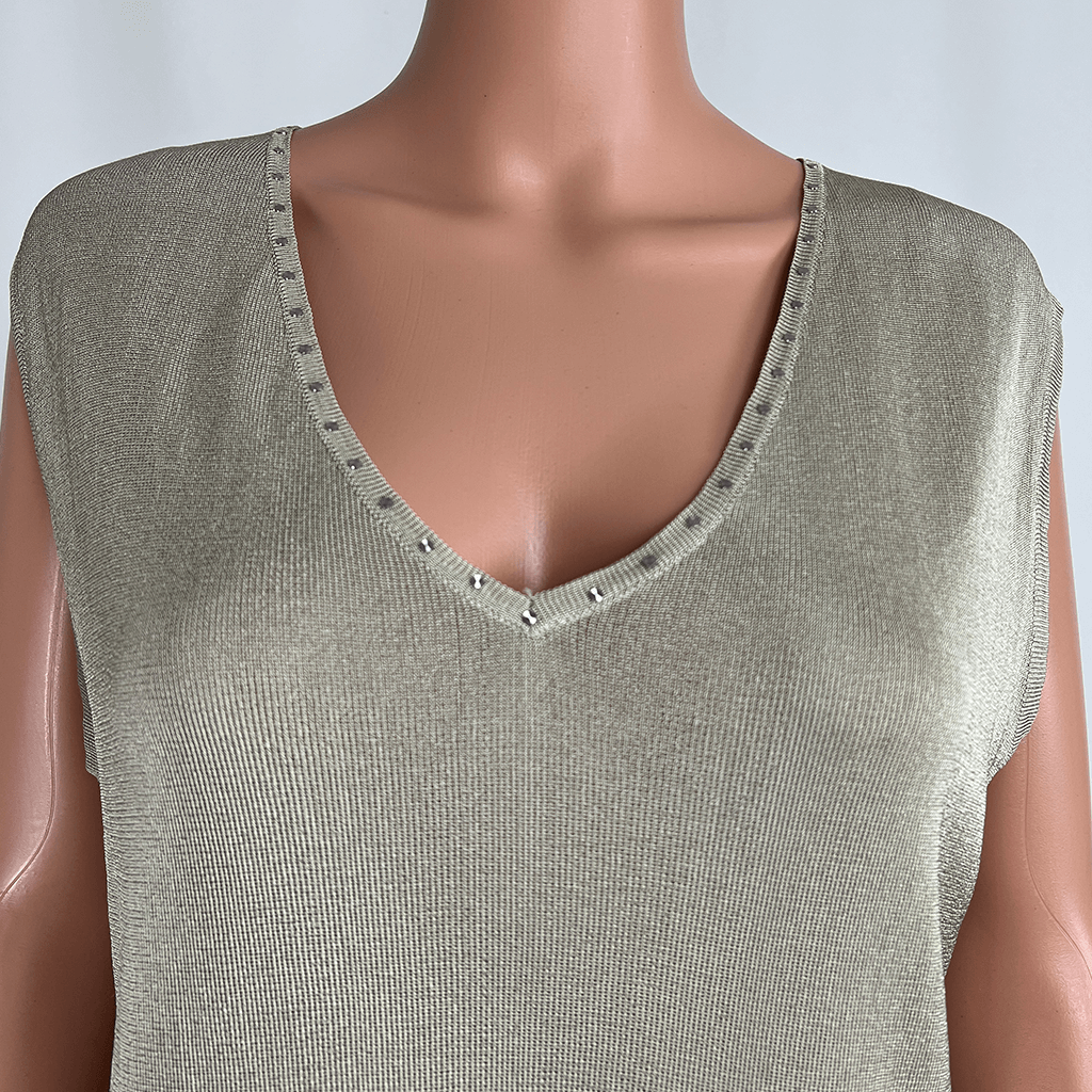 Front close up of Cami V neck collar with stud feature trim