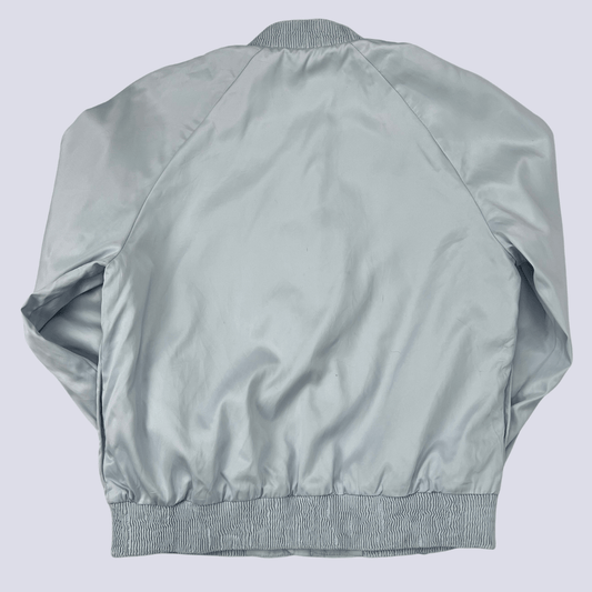 Front view of the baby blue satin bomber jacket