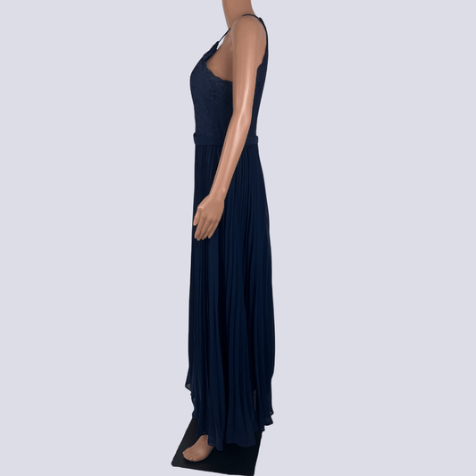 Side View of the Bariano blue sleeveless dress