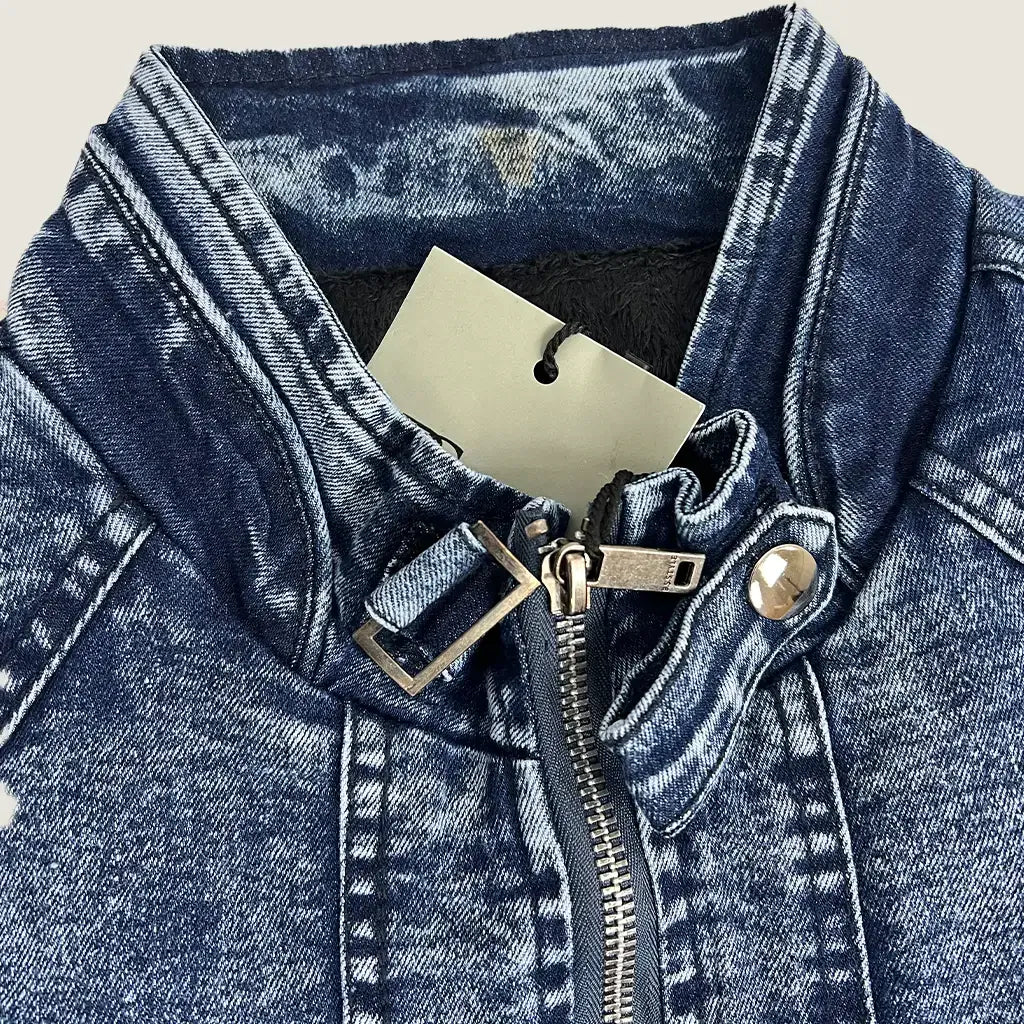 Front Collar of the Men Moto Biker Denim Jacket