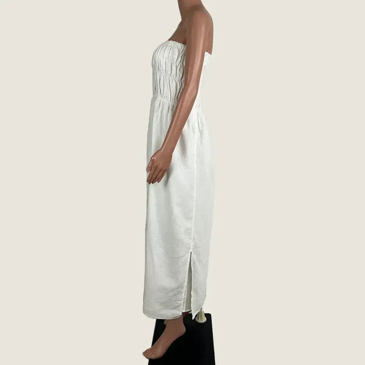 Side View of the Brave+True White Sleeveless Isabella Dress
