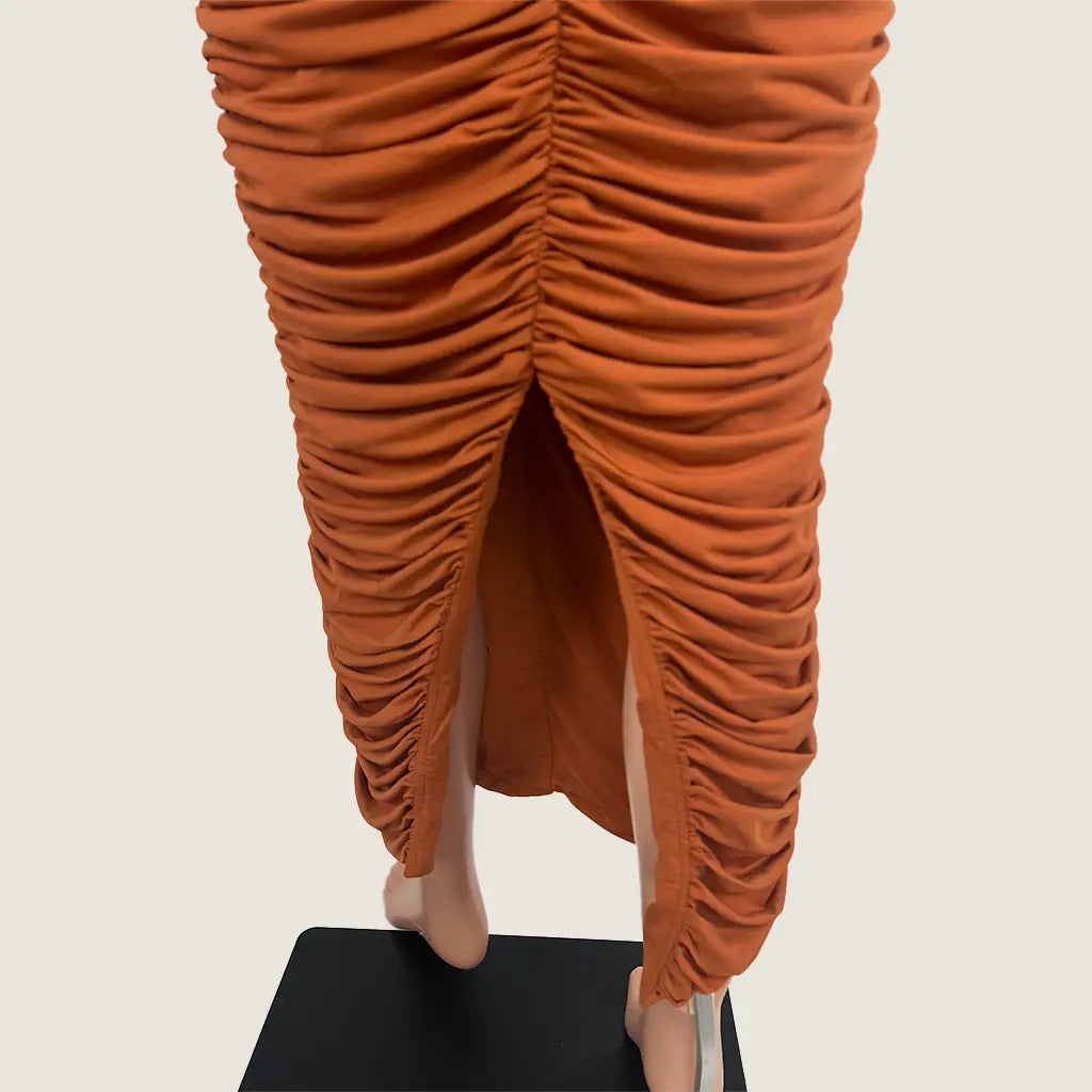 Back Hem view of the By Johnny Gloria Gathered Strapless Midi Dress