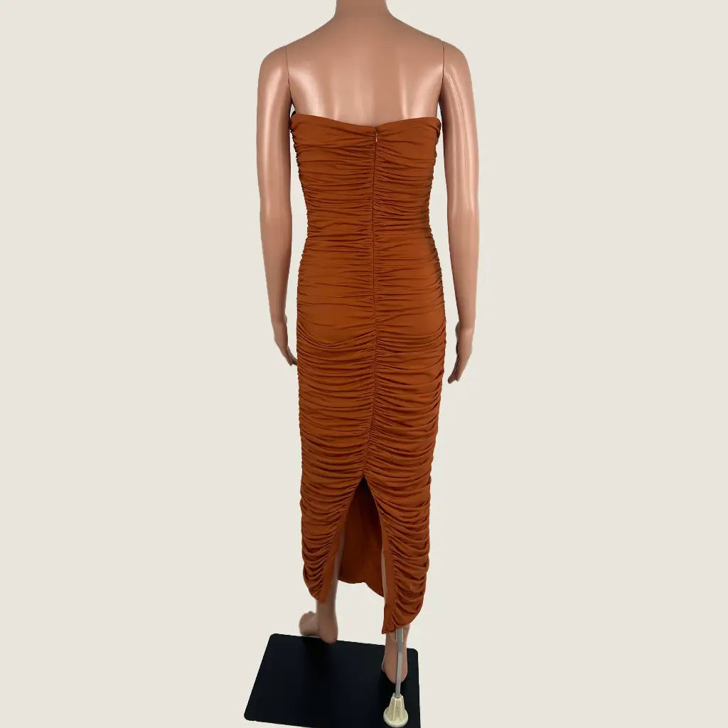 Back view of the By Johnny Gloria Gathered Strapless Midi Dress