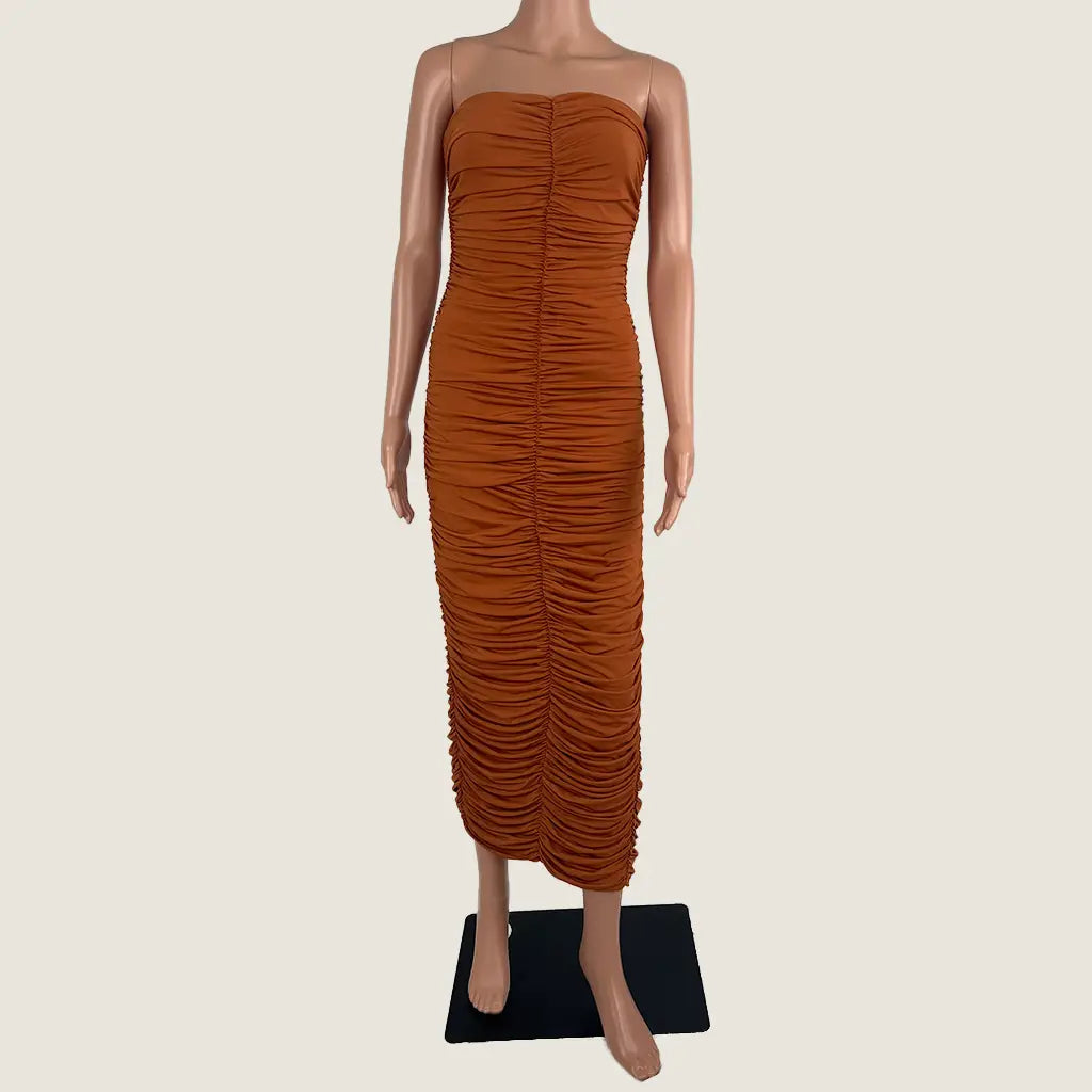 Front view of the By Johnny Gloria Gathered Strapless Midi Dress