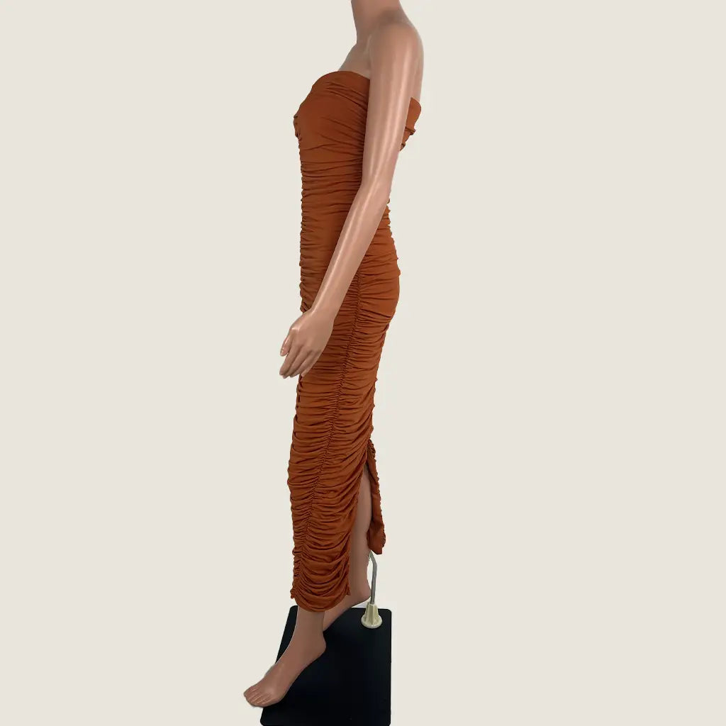 Side view of the By Johnny Gloria Gathered Strapless Midi Dress