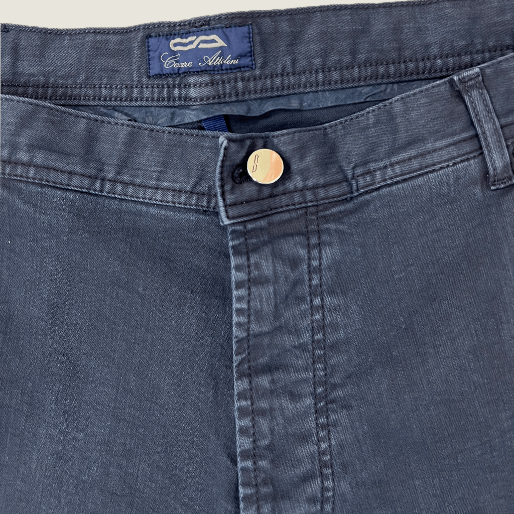 Front button detail closed view of the C Attolini Denim Chino Trouser