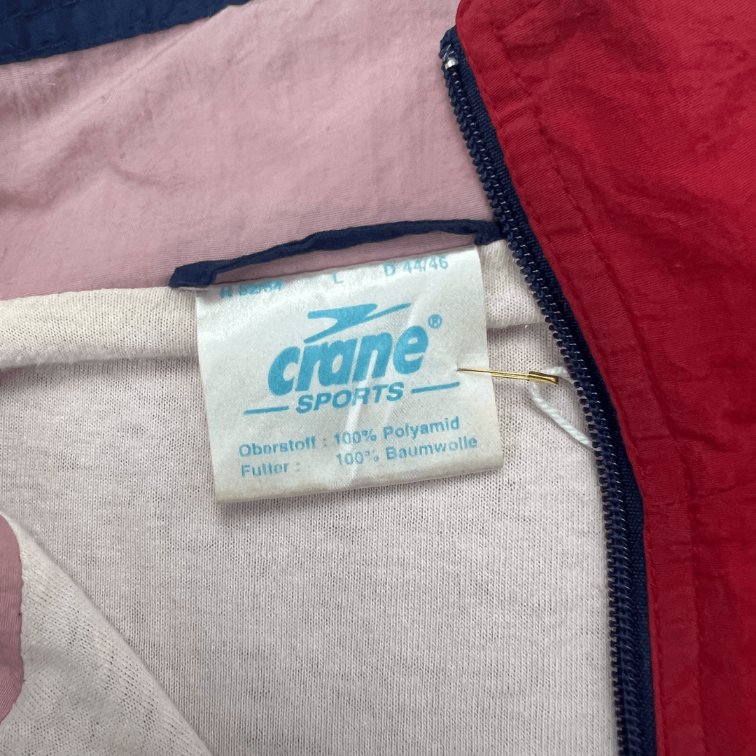 Front tag detail view of the Crane sport vintage jacket