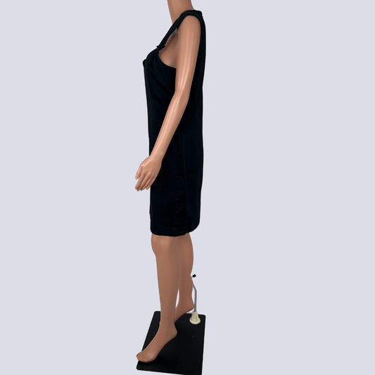 Side view of the Cue Satin Black Sleeveless Midi Dress