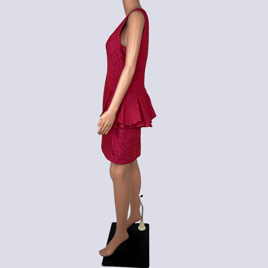 Side view of the Cue Red and Pink Sleeveless Midi Dress