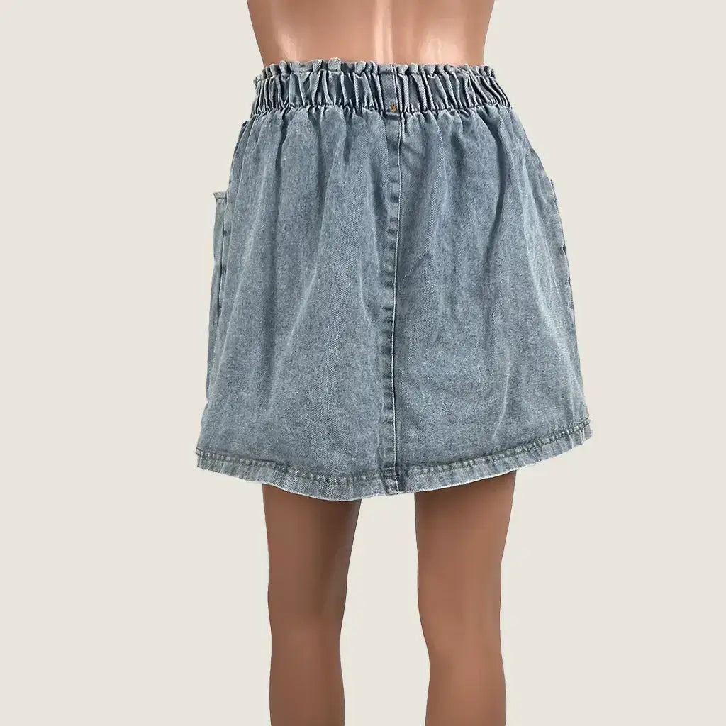 Back view of the women's Denim Mini Skirt Elastic Waist