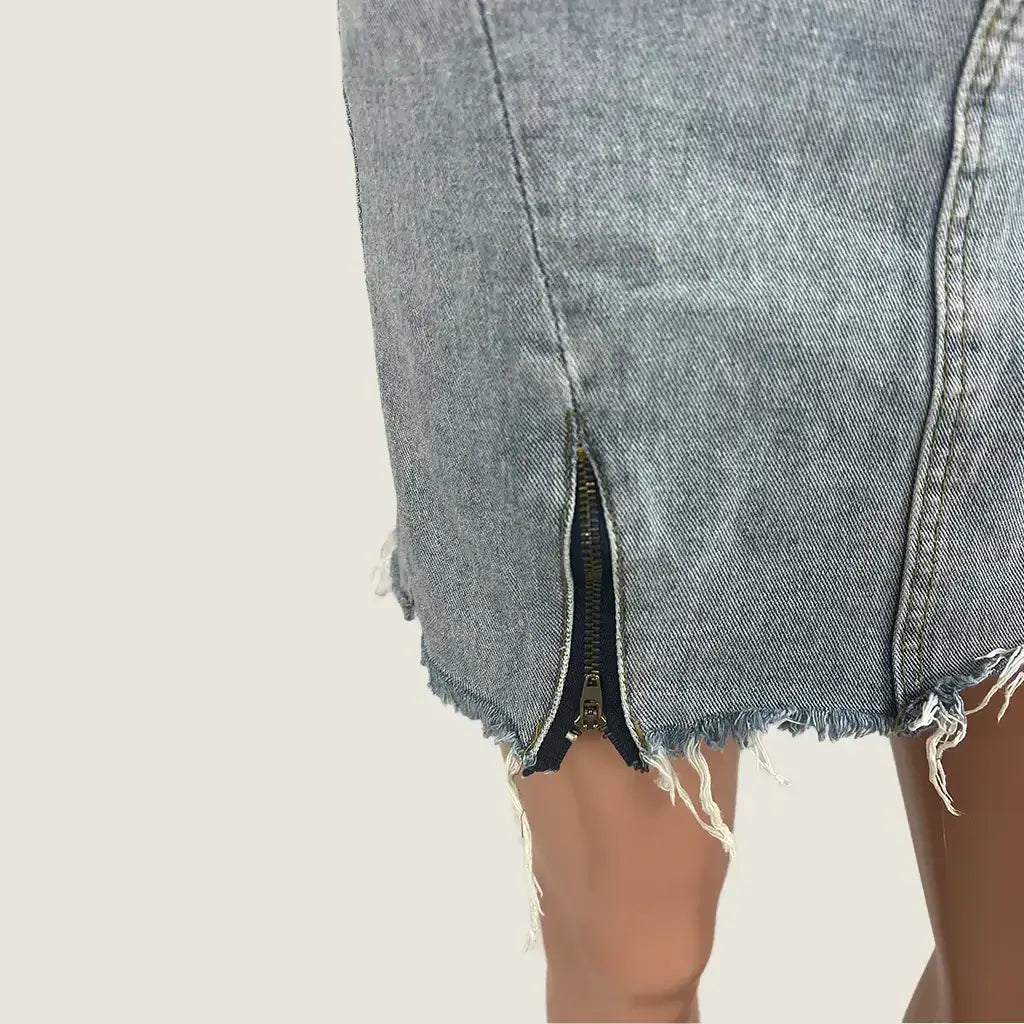 Front detail view of the women's Denim Mini Skirt Straight Cut