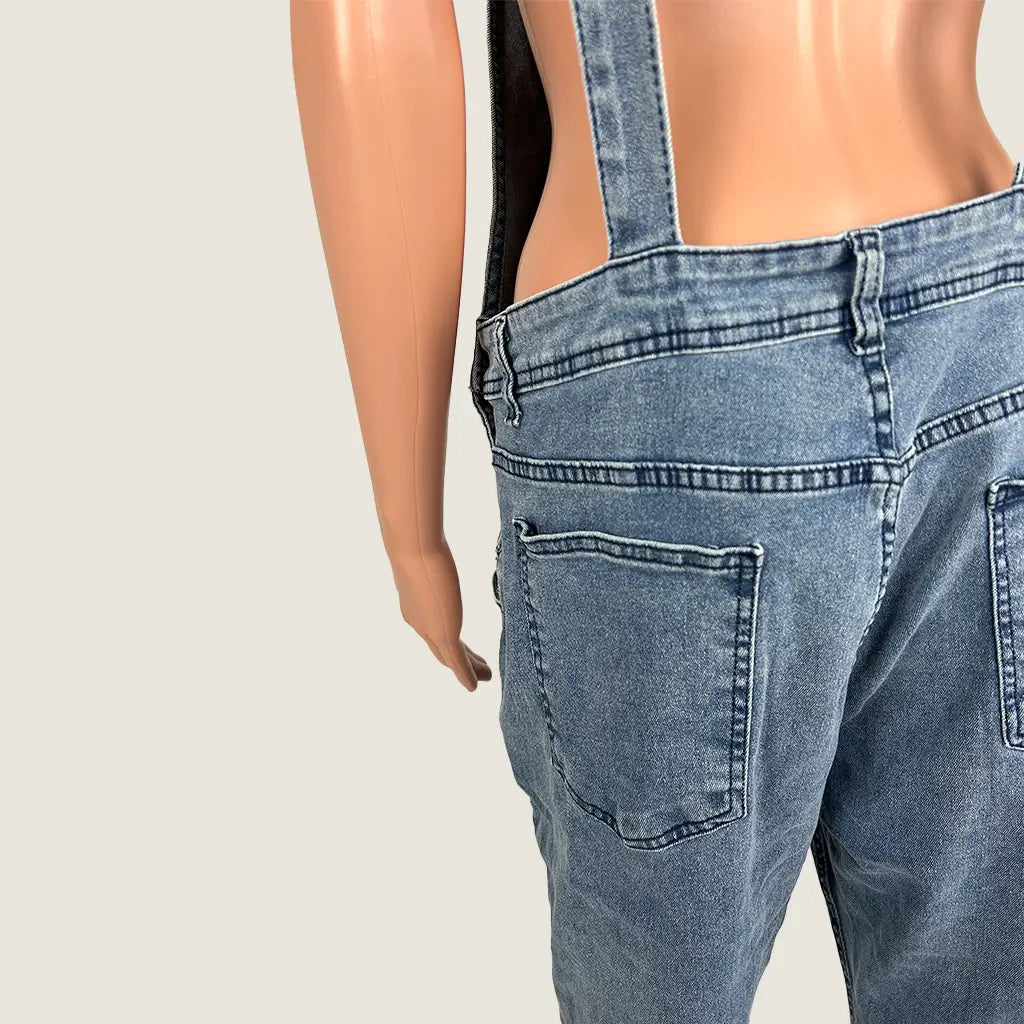 Back Detail View of the Women's Distressed Denim Overalls