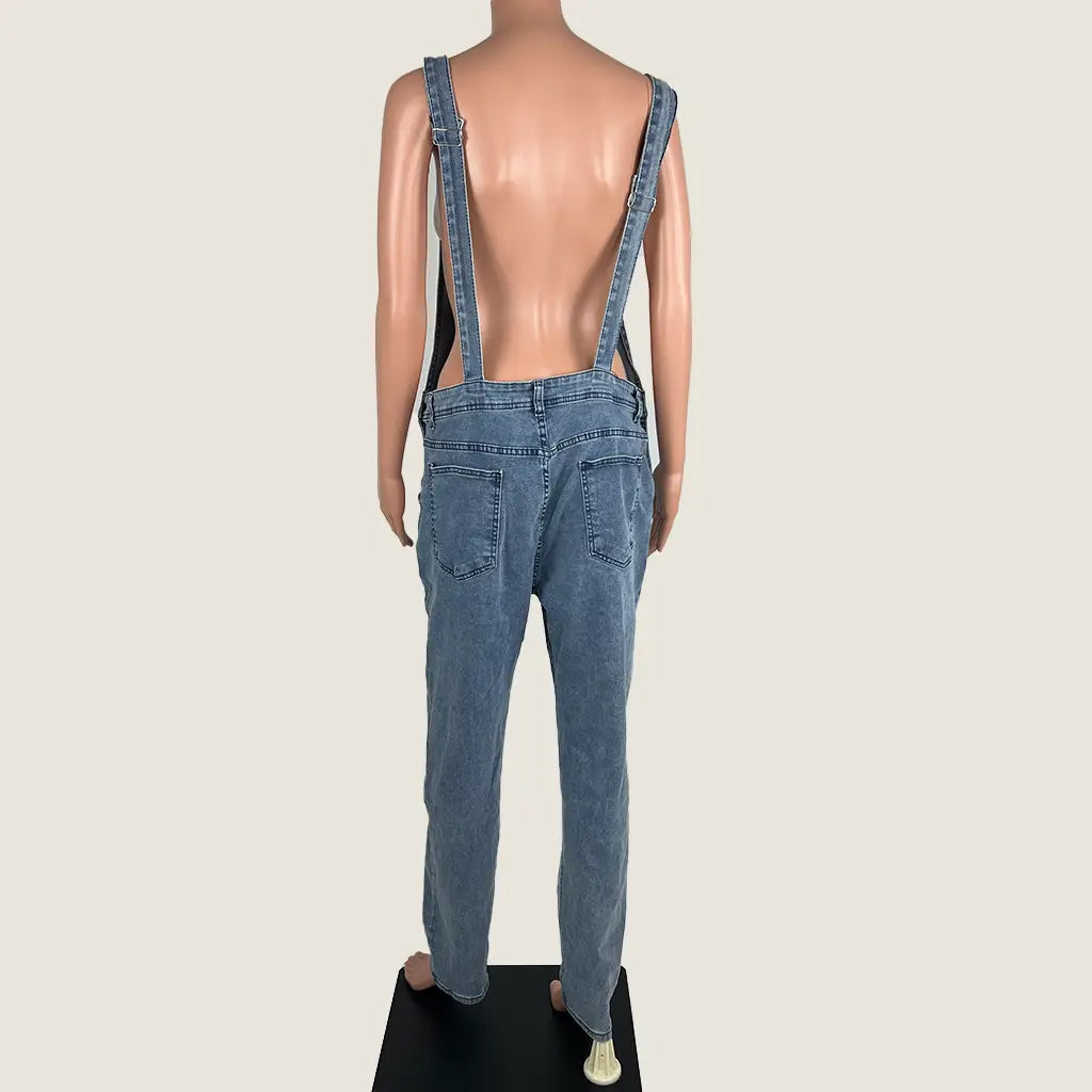 Back View of the Women's Distressed Denim Overalls