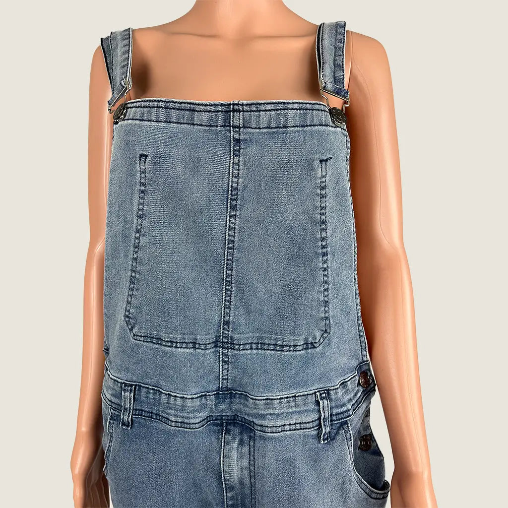 Front Detail View of the Women's Distressed Denim Overalls