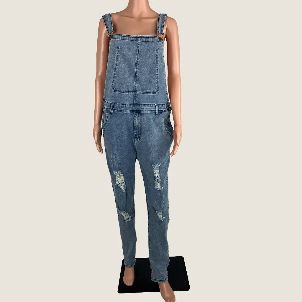 Front View of the Women's Distressed Denim Overalls