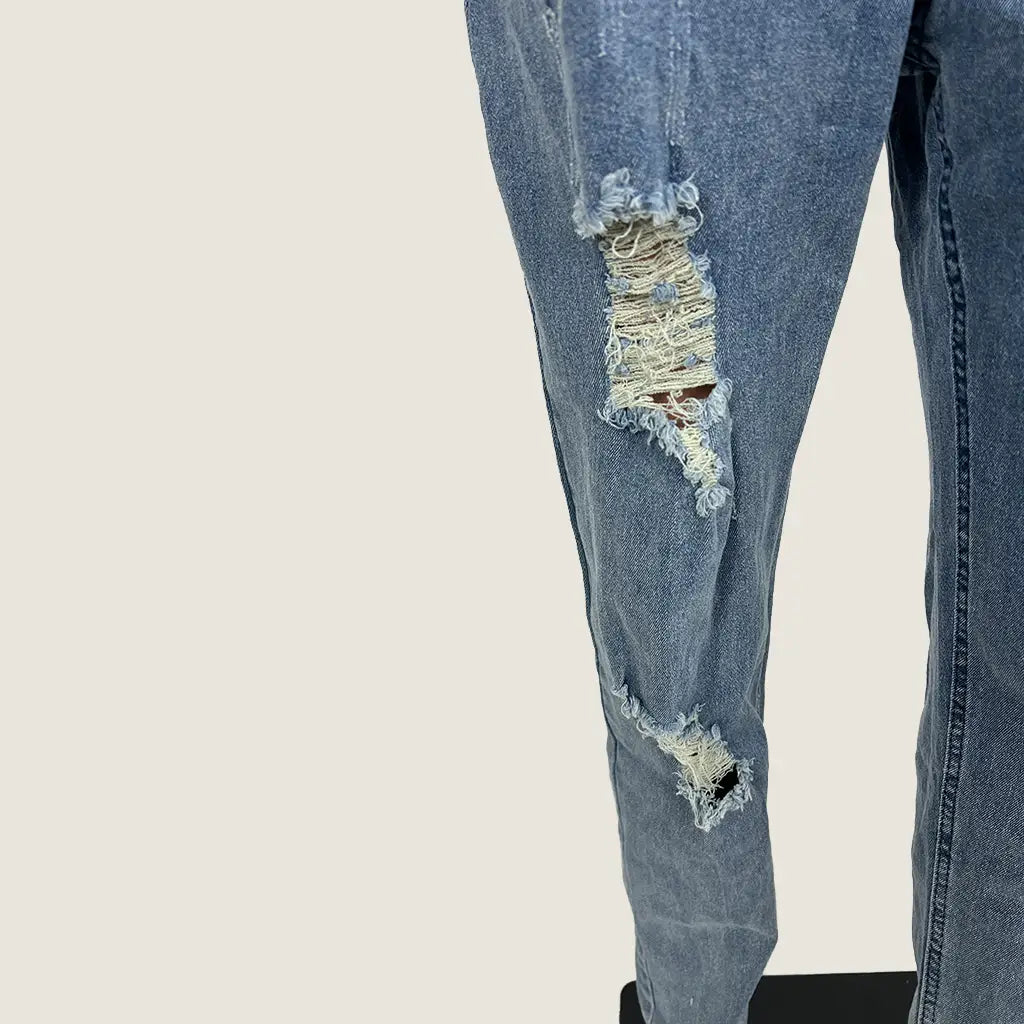 Back Detail View of the Women's Distressed Denim Overalls