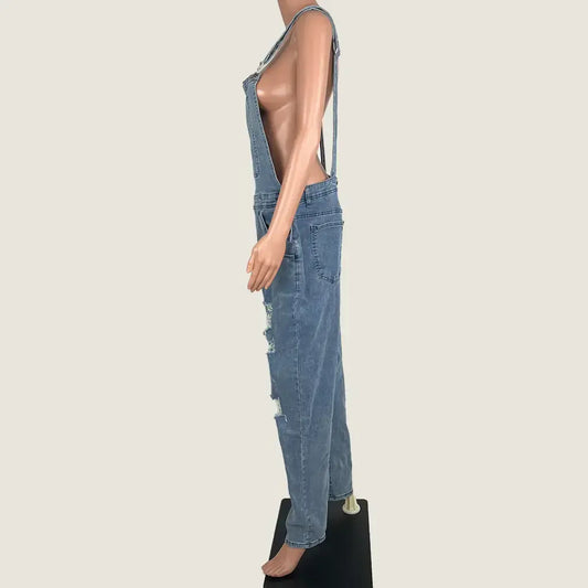 Side View of the Women's Distressed Denim Overalls