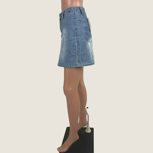 Side View of the Denim Straight Cut Mini Skirt