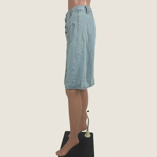 Side View of the Denim Straight Cut Midi Skirt