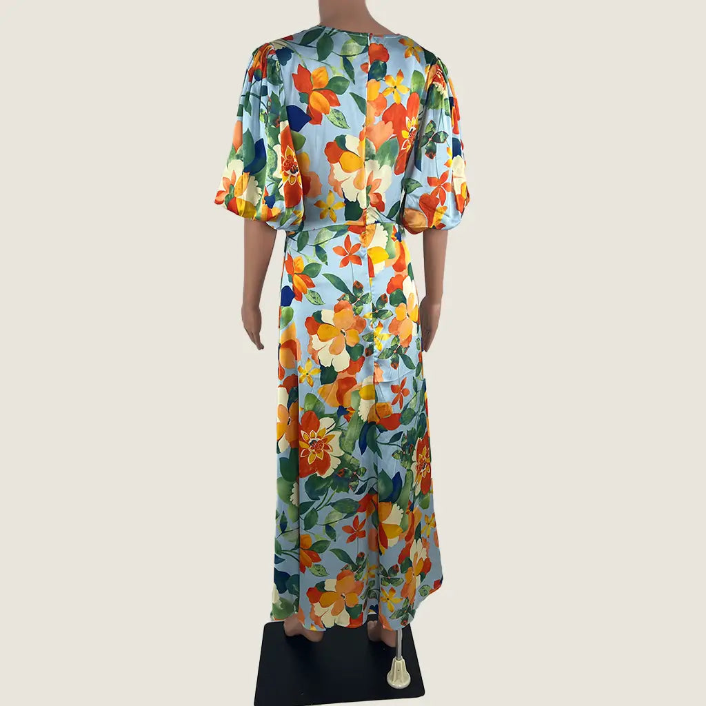 Back View of the Divine Avenue Midi Floral Dress Front Cut Out