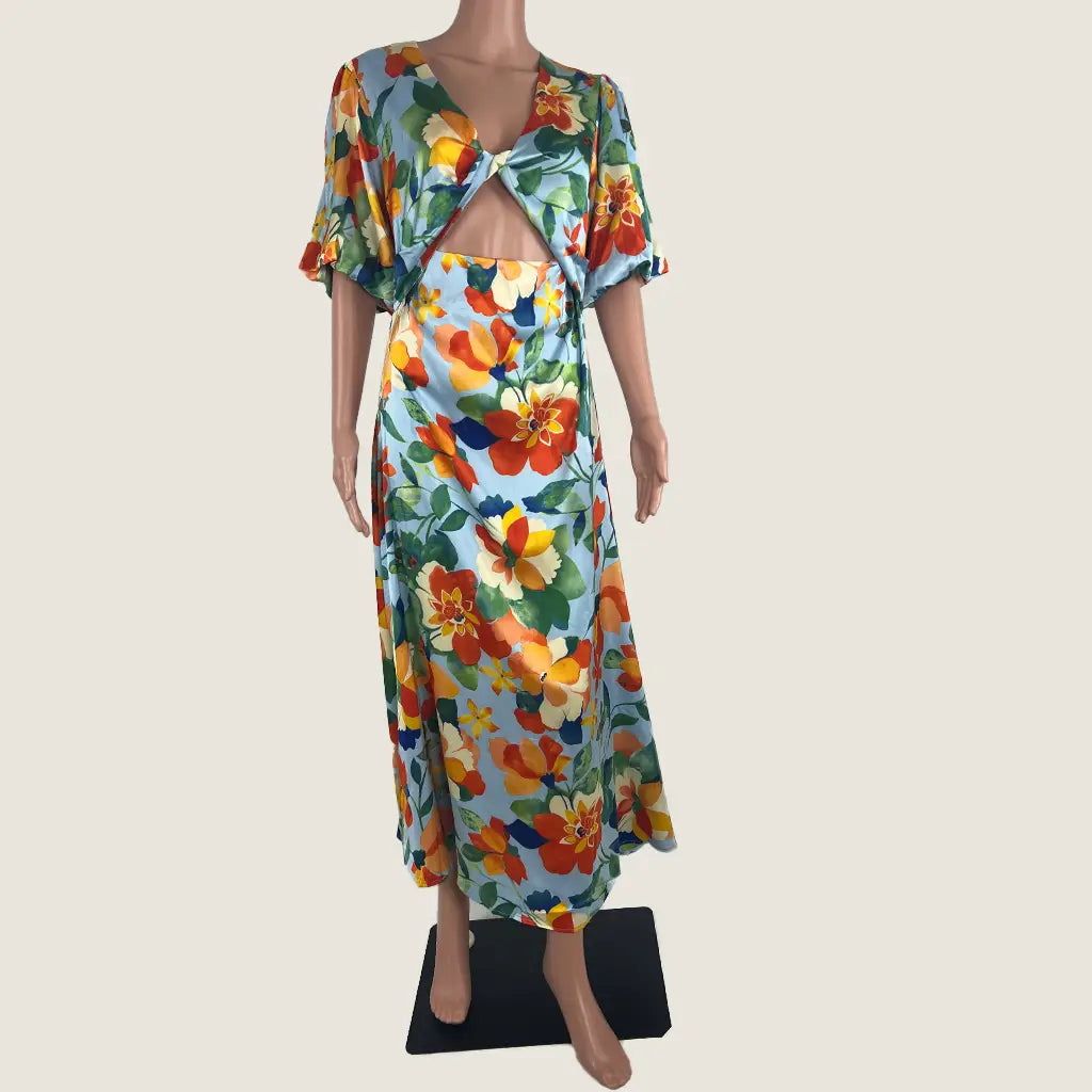 Front View of the Divine Avenue Midi Floral Dress Front Cut Out