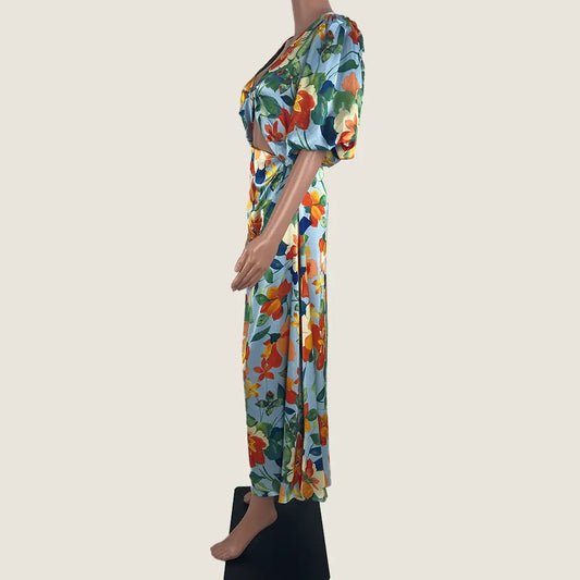 Side View of the Divine Avenue Midi Floral Dress Front Cut Out