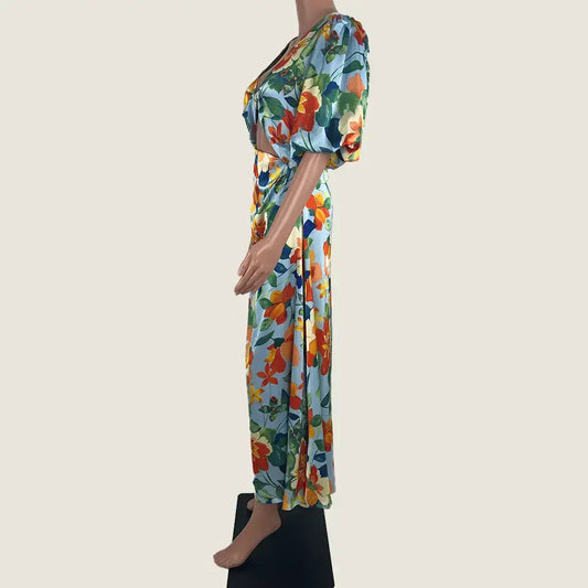 Side View of the Divine Avenue Midi Floral Dress Front Cut Out