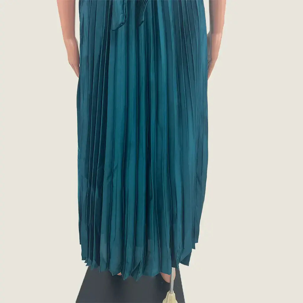 Back Detail Waist View of the Divine Avenue Pleated Evening Maxi Dress in Emerald